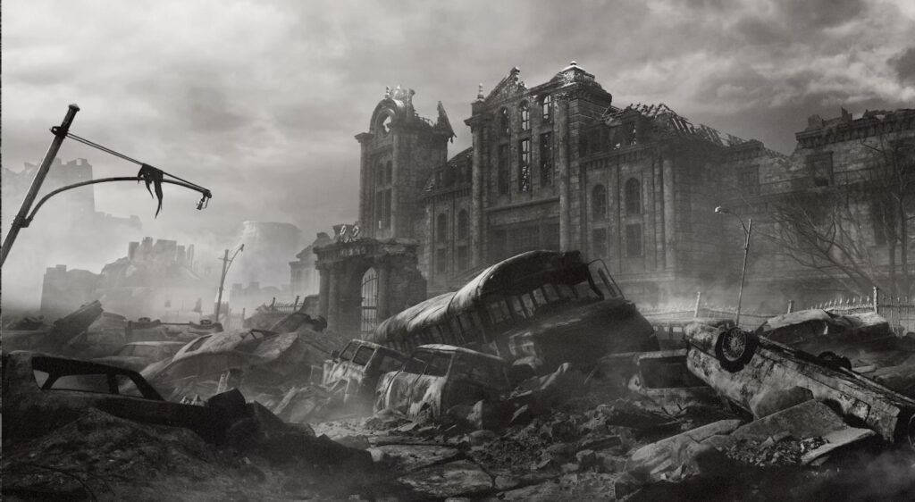 Imagen de una ciudad de Racoon City destruida.