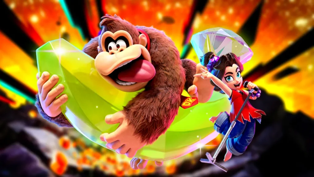 Donkey Kong sostiene un gran plátano verde junto a una chica que canta, sobre un fondo colorido y brillante.
