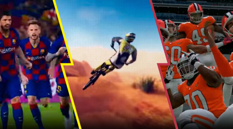 Jugadores de fútbol, motocross en el desierto y equipo de fútbol americano en videojuegos.