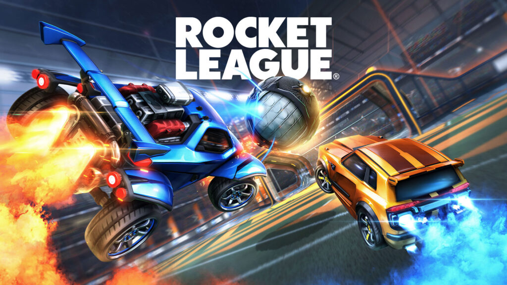 Imagen promocional del videojuego Rocket League, mostrando dos coches impulsados por cohetes chocando por una pelota en una arena futurista.
